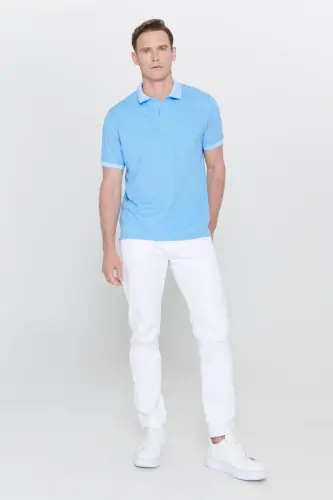 Men's Non-Iron Cotton Fabric Regular Fit Comfort Fit Blue Wrinkle-Resistant Polo Collar Pocketed T-Shirt-Blue - AC&CO / ALTINYILDIZ CLASSICS (1)