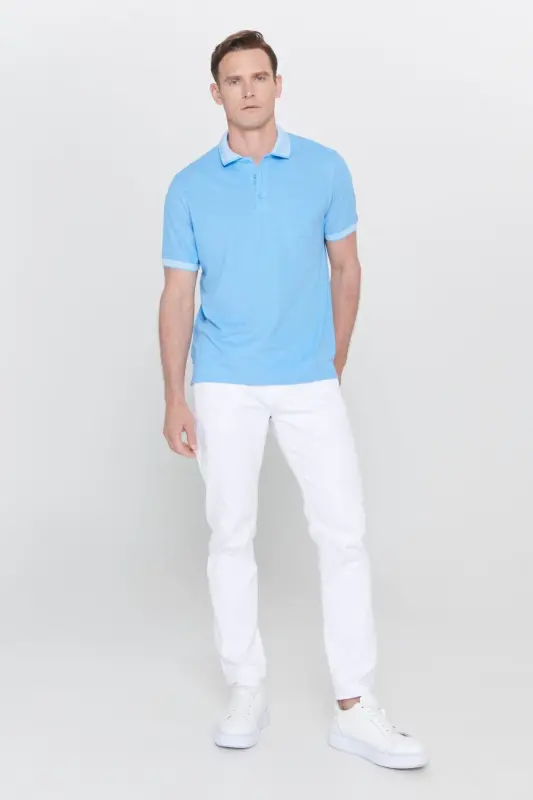 Men's Non-Iron Cotton Fabric Regular Fit Comfort Fit Blue Wrinkle-Resistant Polo Collar Pocketed T-Shirt-Blue - 2