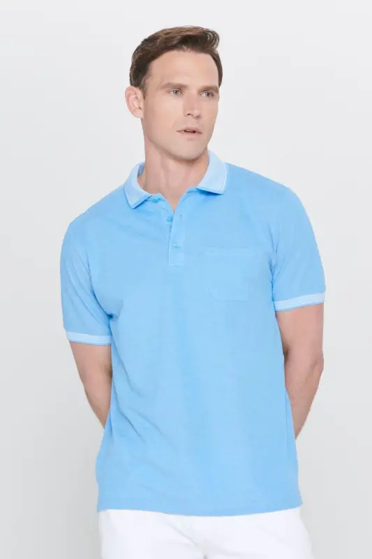 Men's Non-Iron Cotton Fabric Regular Fit Comfort Fit Blue Wrinkle-Resistant Polo Collar Pocketed T-Shirt-Blue - 3