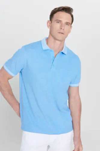 Men's Non-Iron Cotton Fabric Regular Fit Comfort Fit Blue Wrinkle-Resistant Polo Collar Pocketed T-Shirt-Blue - 4