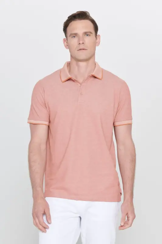 Men's Non-Iron Cotton Fabric Slim Fit Narrow Cut Brick-Beige Wrinkle-Free Polo Neck T-Shirt-BRICK - 5