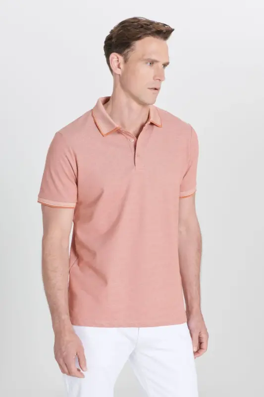 Men's Non-Iron Cotton Fabric Slim Fit Narrow Cut Brick-Beige Wrinkle-Free Polo Neck T-Shirt-BRICK - 6