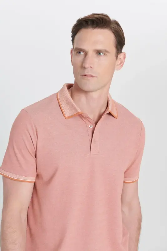 Men's Non-Iron Cotton Fabric Slim Fit Narrow Cut Brick-Beige Wrinkle-Free Polo Neck T-Shirt-BRICK - 7