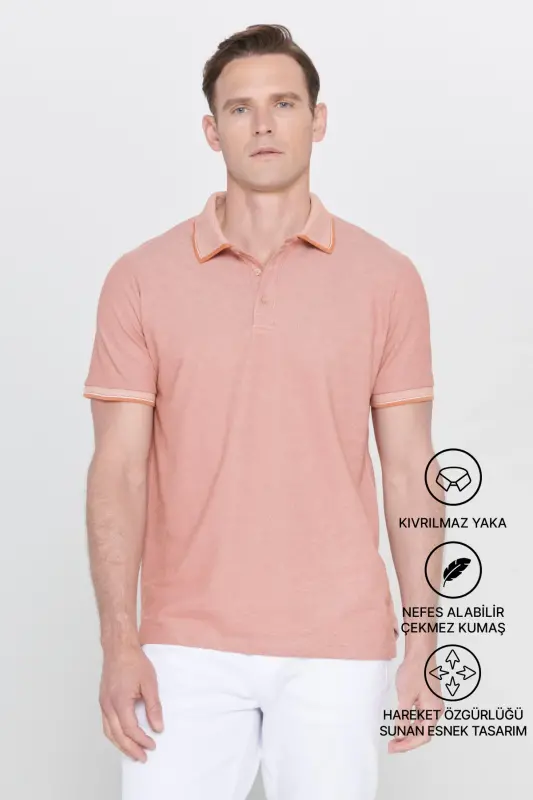 Men's Non-Iron Cotton Fabric Slim Fit Narrow Cut Brick-Beige Wrinkle-Free Polo Neck T-Shirt-BRICK - 8