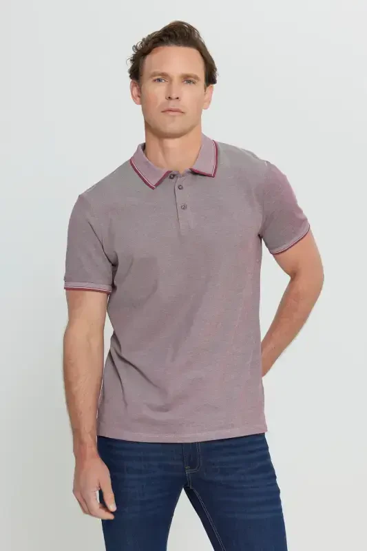 Men's Non-Iron Cotton Fabric Slim Fit Narrow Cut Burgundy Wrinkle-Free Polo Collar T-shirt-Burgundy - 4