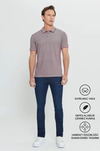 Men's Non-Iron Cotton Fabric Slim Fit Narrow Cut Burgundy Wrinkle-Free Polo Collar T-shirt-Burgundy - 10
