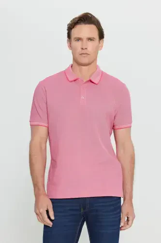Men's Non-Iron Cotton Fabric Slim Fit Narrow Cut Fuchsia-White Wrinkle-Free Polo Neck T-shirt-FUCHSIA - 1