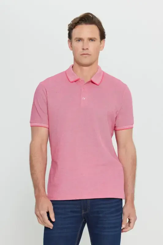 Men's Non-Iron Cotton Fabric Slim Fit Narrow Cut Fuchsia-White Wrinkle-Free Polo Neck T-shirt-FUCHSIA - 1