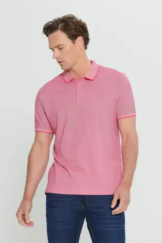 Men's Non-Iron Cotton Fabric Slim Fit Narrow Cut Fuchsia-White Wrinkle-Free Polo Neck T-shirt-FUCHSIA - 4