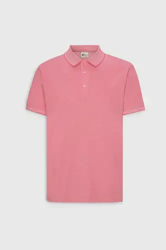 Men's Non-Iron Cotton Fabric Slim Fit Narrow Cut Fuchsia-White Wrinkle-Free Polo Neck T-shirt-FUCHSIA - 7