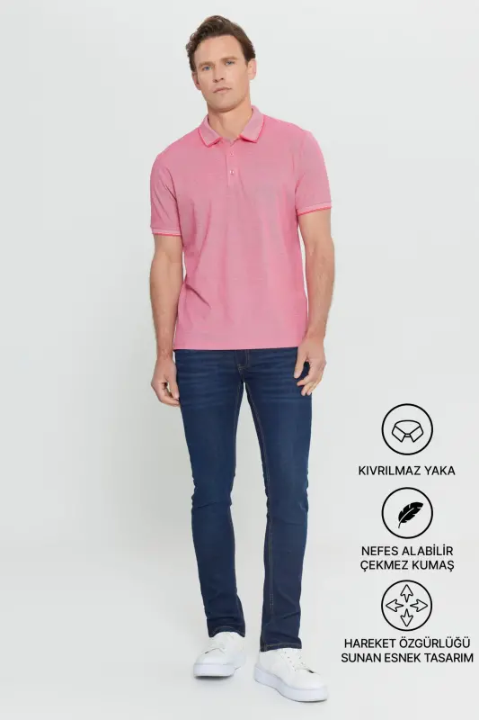 Men's Non-Iron Cotton Fabric Slim Fit Narrow Cut Fuchsia-White Wrinkle-Free Polo Neck T-shirt-FUCHSIA - 10