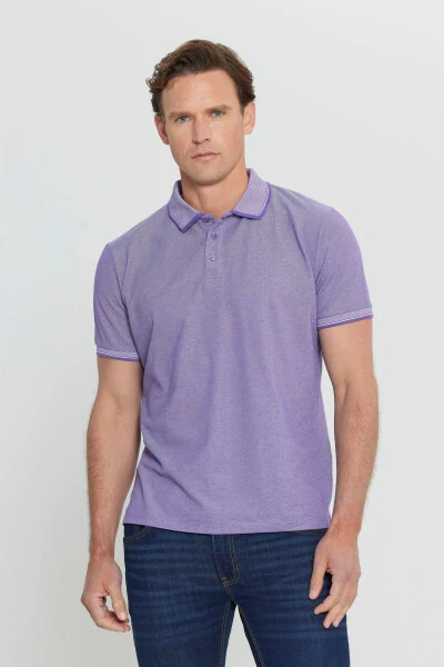 Men's Non-Iron Pique Slim Fit Narrow Cut Purple-White Wrinkle-Free Polo Shirt - AC&CO / ALTINYILDIZ CLASSICS