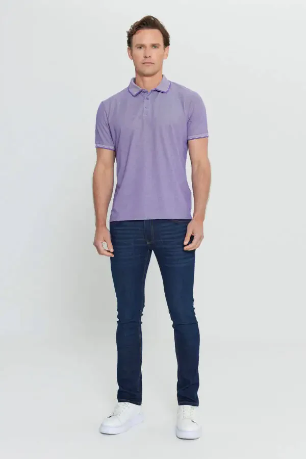 Men's Non-Iron Pique Slim Fit Narrow Cut Purple-White Wrinkle-Free Polo Shirt - 2