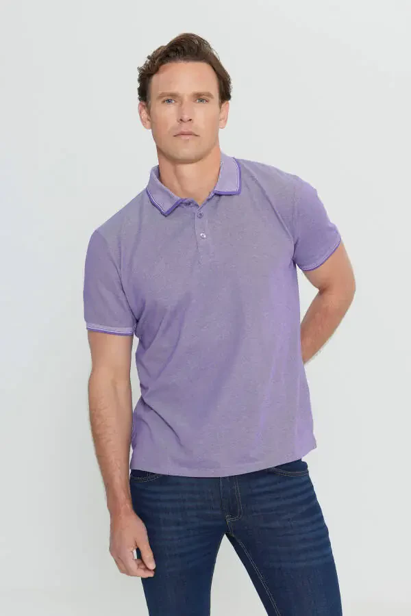 Men's Non-Iron Pique Slim Fit Narrow Cut Purple-White Wrinkle-Free Polo Shirt - 4