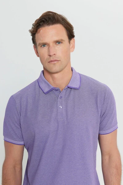 Men's Non-Iron Pique Slim Fit Narrow Cut Purple-White Wrinkle-Free Polo Shirt - 5