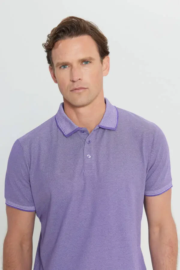 Men's Non-Iron Pique Slim Fit Narrow Cut Purple-White Wrinkle-Free Polo Shirt - 5