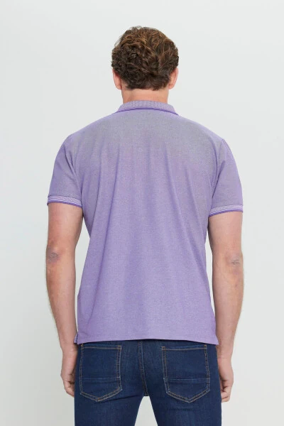 Men's Non-Iron Pique Slim Fit Narrow Cut Purple-White Wrinkle-Free Polo Shirt - 6