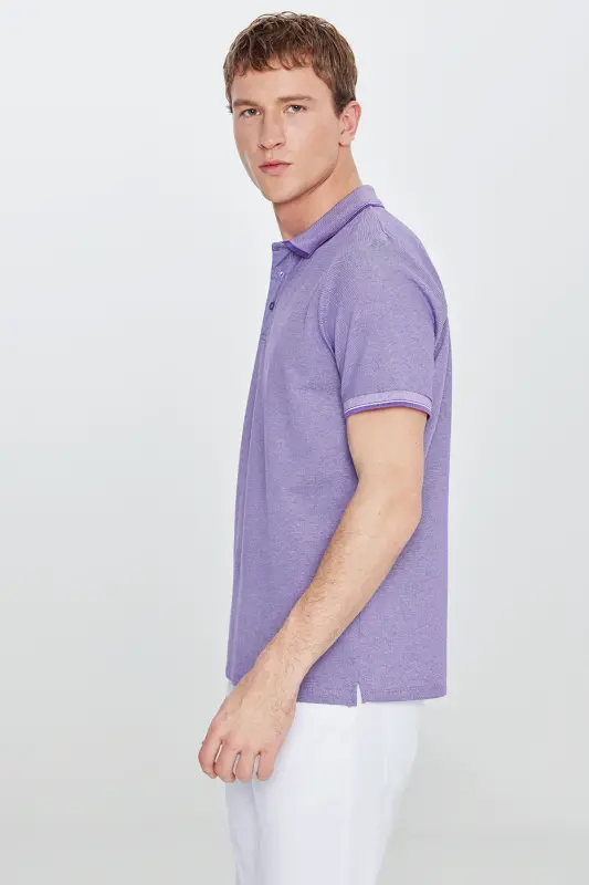 Men's Non-Iron Pique Slim Fit Narrow Cut Purple-White Wrinkle-Free Polo Shirt - 5