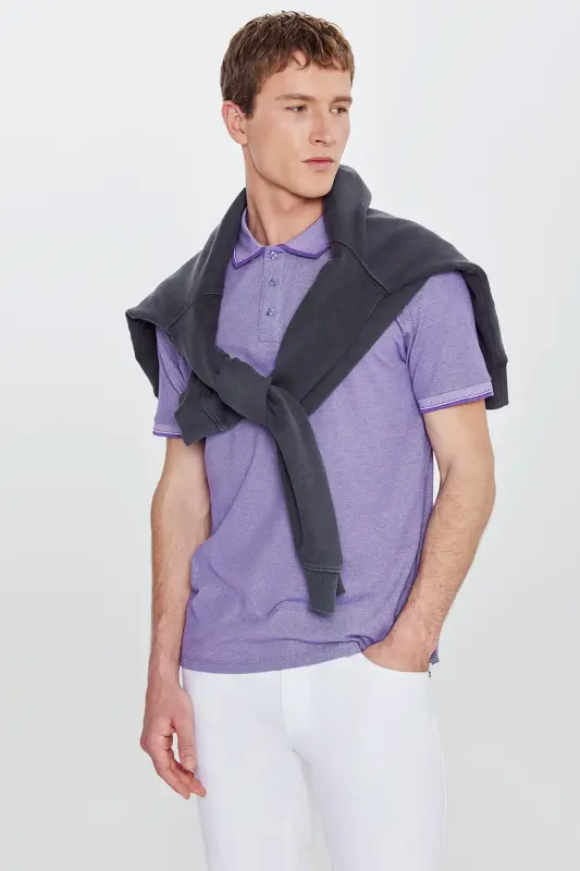 Men's Non-Iron Pique Slim Fit Narrow Cut Purple-White Wrinkle-Free Polo Shirt - 6