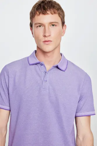 Men's Non-Iron Pique Slim Fit Narrow Cut Purple-White Wrinkle-Free Polo Shirt - 7