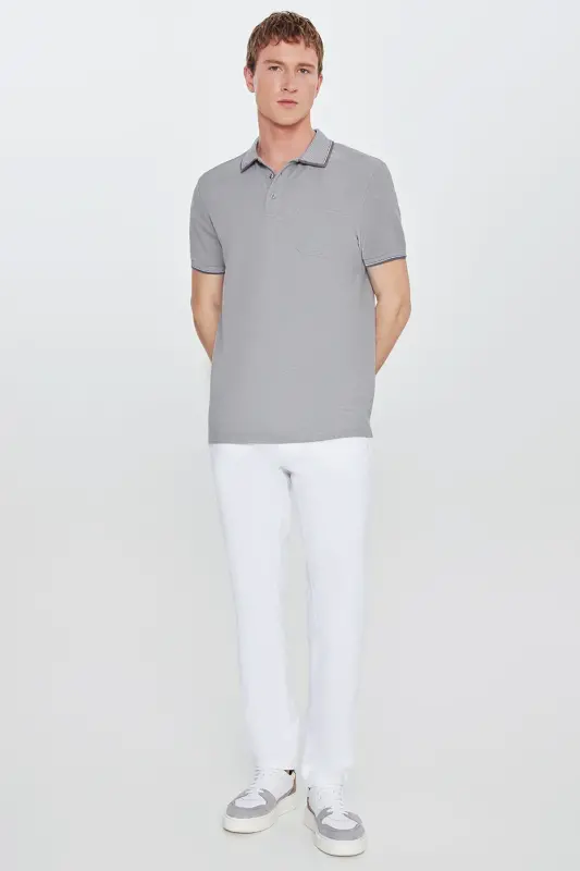 Men's Non-Shrink Cotton Fabric Regular Fit Comfort Cut Gray Wrinkle-Resistant Polo Collar Pocket T-Shirt-Gray - 2