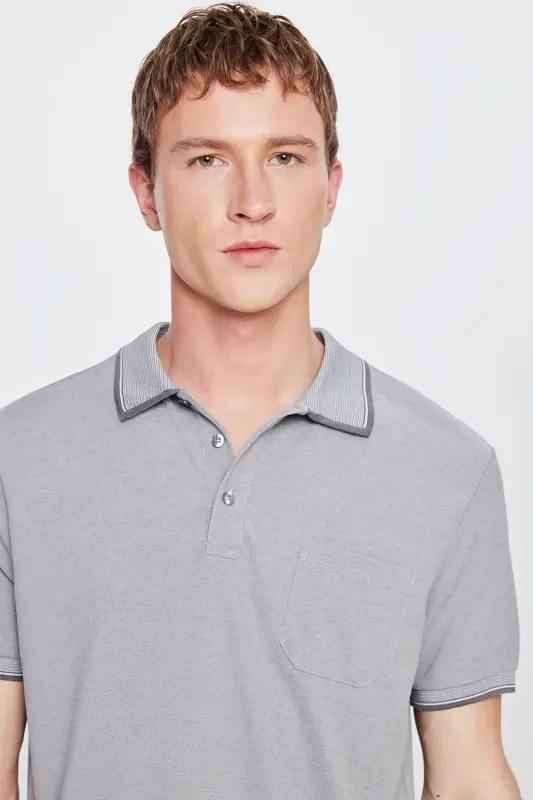 Men's Non-Shrink Cotton Fabric Regular Fit Comfort Cut Gray Wrinkle-Resistant Polo Collar Pocket T-Shirt-Gray - 5