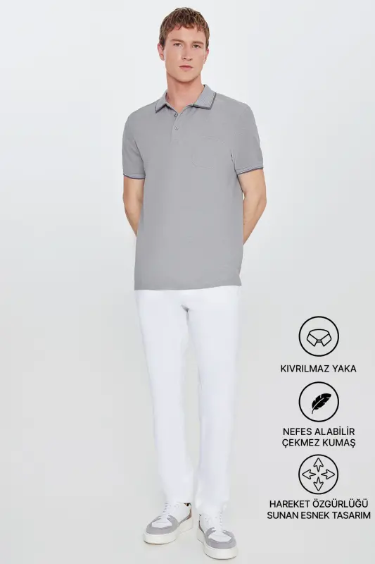 Men's Non-Shrink Cotton Fabric Regular Fit Comfort Cut Gray Wrinkle-Resistant Polo Collar Pocket T-Shirt-Gray - 1