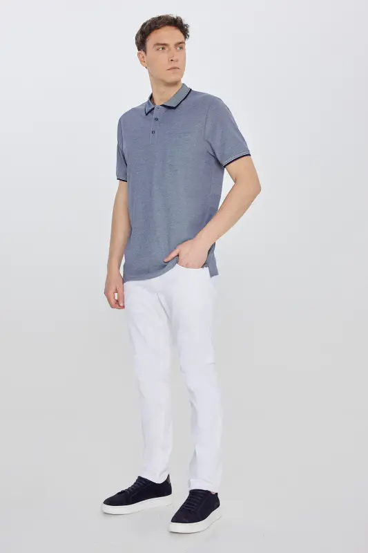 Men's Non-Shrink Cotton Fabric Regular Fit Comfort Cut Navy Wrinkle-Resistant Polo Collar Pocketed T-Shirt-Navy - 7