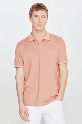 Men's Non-Shrink Cotton Fabric Regular Fit Comfort Fit Brick-Beige Wrinkle-Resistant Polo Collar Pocket T-Shirt 