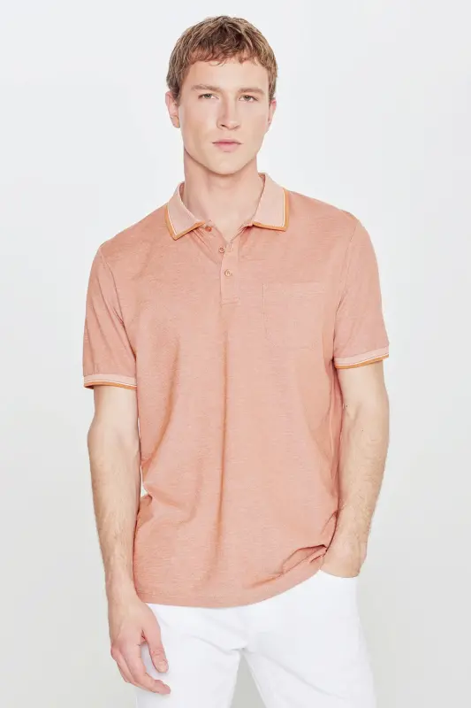 Men's Non-Shrink Cotton Fabric Regular Fit Comfort Fit Brick-Beige Wrinkle-Resistant Polo Collar Pocket T-Shirt - 1