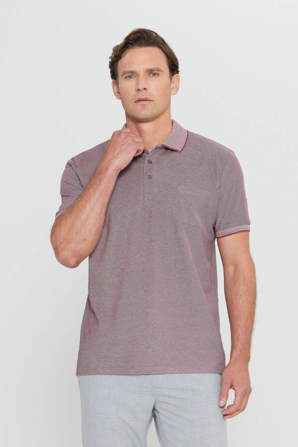 Men's Non-Shrink Cotton Fabric Regular Fit Comfort Fit Burgundy Wrinkle-Resistant Polo Collar Pocketed T-Shirt - 4