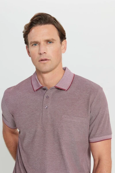 Men's Non-Shrink Cotton Fabric Regular Fit Comfort Fit Burgundy Wrinkle-Resistant Polo Collar Pocketed T-Shirt - 5