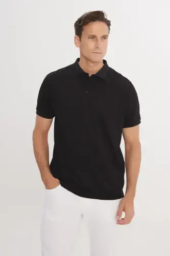 Men's Non-Shrink Cotton Fabric Regular Fit Comfort Fit Dark Black Wrinkle-Resistant Polo Collar Pocketed T-Shirt-Dark Black - 1