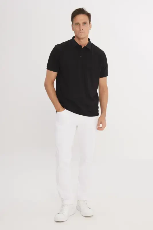 Men's Non-Shrink Cotton Fabric Regular Fit Comfort Fit Dark Black Wrinkle-Resistant Polo Collar Pocketed T-Shirt-Dark Black - 2