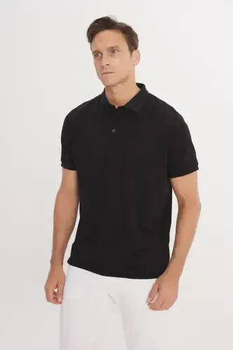 Men's Non-Shrink Cotton Fabric Regular Fit Comfort Fit Dark Black Wrinkle-Resistant Polo Collar Pocketed T-Shirt-Dark Black - 4