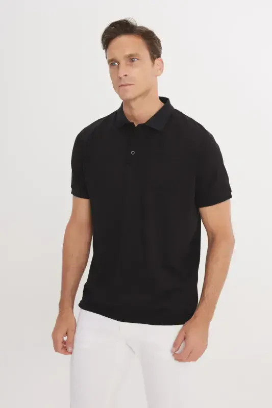 Men's Non-Shrink Cotton Fabric Regular Fit Comfort Fit Dark Black Wrinkle-Resistant Polo Collar Pocketed T-Shirt-Dark Black - 4
