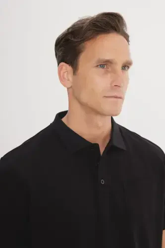 Men's Non-Shrink Cotton Fabric Regular Fit Comfort Fit Dark Black Wrinkle-Resistant Polo Collar Pocketed T-Shirt-Dark Black - 5