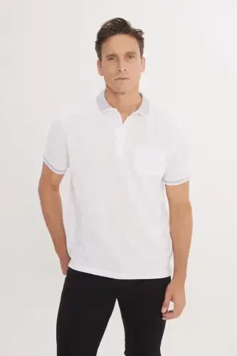 Men's Non-Shrink Cotton Fabric Regular Fit Comfort Fit White Wrinkle-Resistant Polo Collar Pocket T-Shirt - 1