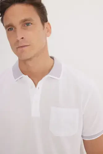 Men's Non-Shrink Cotton Fabric Regular Fit Comfort Fit White Wrinkle-Resistant Polo Collar Pocket T-Shirt - 5