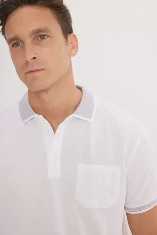 Men's Non-Shrink Cotton Fabric Regular Fit Comfort Fit White Wrinkle-Resistant Polo Collar Pocket T-Shirt - 5