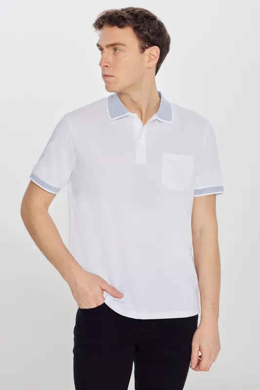 Men's Non-Shrink Cotton Fabric Regular Fit Comfort Fit White Wrinkle-Resistant Polo Collar Pocket T-Shirt - MODAZONE