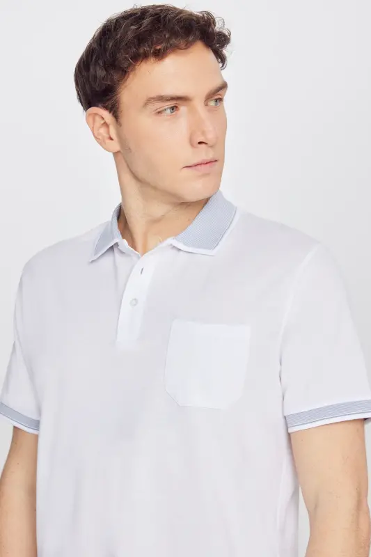 Men's Non-Shrink Cotton Fabric Regular Fit Comfort Fit White Wrinkle-Resistant Polo Collar Pocket T-Shirt - 5
