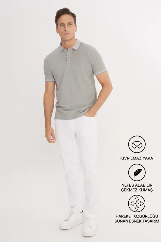 Men's Non-Shrink Cotton Fabric Slim Fit Narrow Cut Gray Wrinkle-Free Polo Neck T-Shirt-Gray - 8