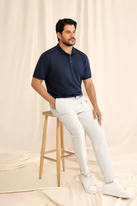 Men's Non-Shrink Cotton Fabric Slim Fit Narrow Cut Navy Wrinkle-Resistant Polo Neck T-Shirt-NAVY - 4