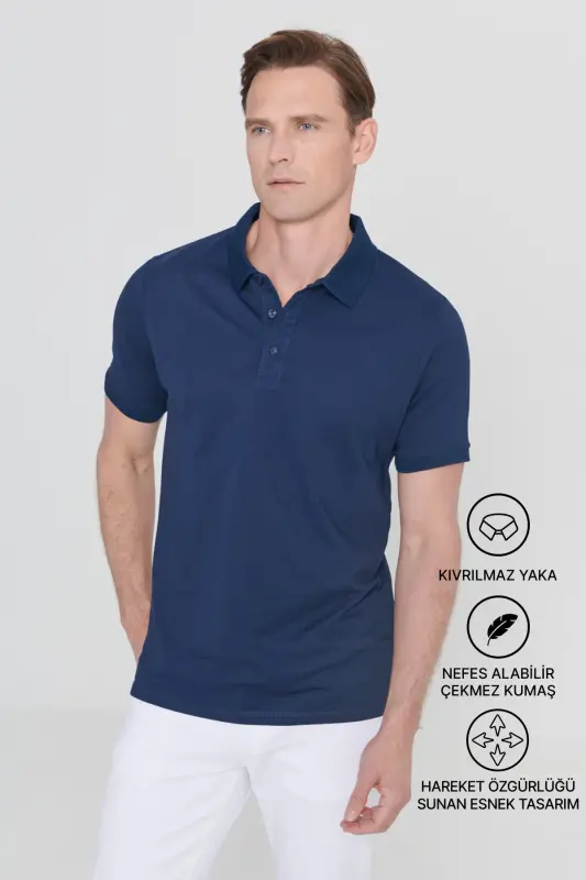 Men's Non-Shrink Cotton Fabric Slim Fit Narrow Cut Navy Wrinkle-Resistant Polo Neck T-Shirt-NAVY - 5