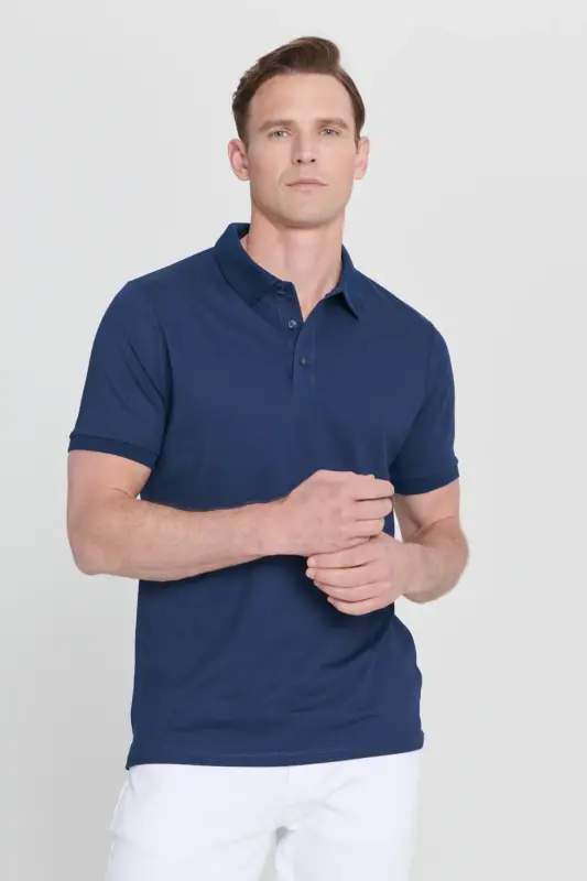 Men's Non-Shrink Cotton Fabric Slim Fit Narrow Cut Navy Wrinkle-Resistant Polo Neck T-Shirt-NAVY - 8