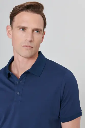 Men's Non-Shrink Cotton Fabric Slim Fit Narrow Cut Navy Wrinkle-Resistant Polo Neck T-Shirt-NAVY - 9