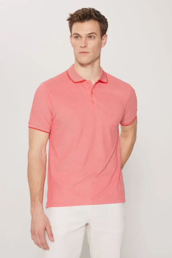 Men's Non-Shrink Cotton Fabric Slim Fit Narrow Cut Orange Blossom-White Wrinkle-Free Polo Neck T-Shirt - 4