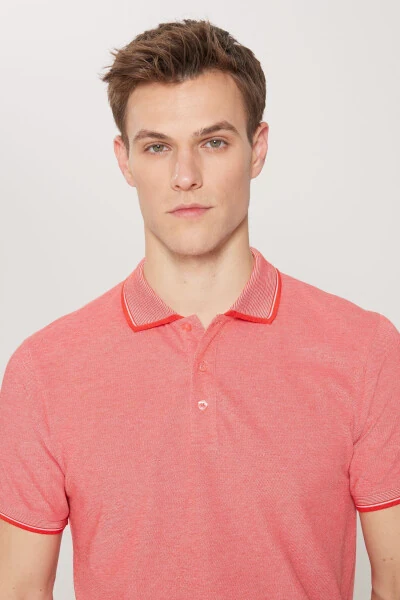 Men's Non-Shrink Cotton Fabric Slim Fit Narrow Cut Orange Blossom-White Wrinkle-Free Polo Neck T-Shirt - 6