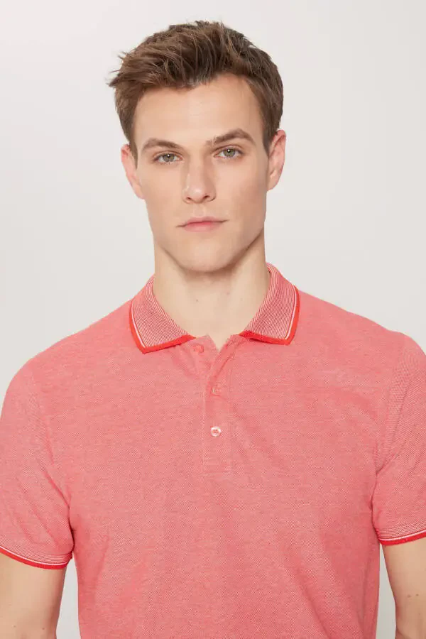 Men's Non-Shrink Cotton Fabric Slim Fit Narrow Cut Orange Blossom-White Wrinkle-Free Polo Neck T-Shirt - 6